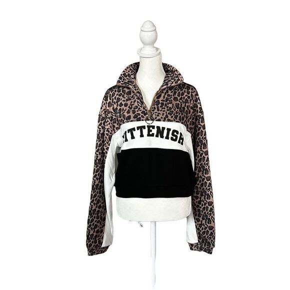 Kittenish Animal Print Color Block Oversized 1/4 Zip Cropped Pullover Small - Picture 1 of 11